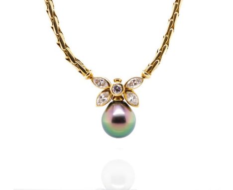 Tahitian pearl, diamond and 18ct gold necklace (yellow gold fancy chain link ) marked JFP (J Farren-Price) Approx Tahitian pe