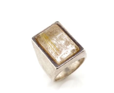 Modernist rutilated quartz silver ring with makers mark ilario? 925. Approx weight 20 grams, ring size N-O