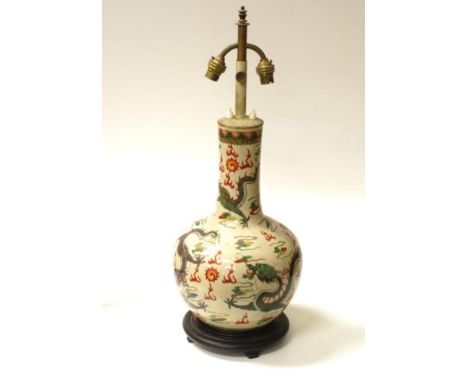 Chinese hand painted electric table lamp dragon decorated, on wood stand, (height 45cm approx, ceramic base total).