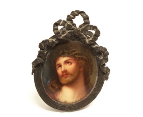 Antique framed French portrait miniature of Jesus signed lower centre, height 9cm approx