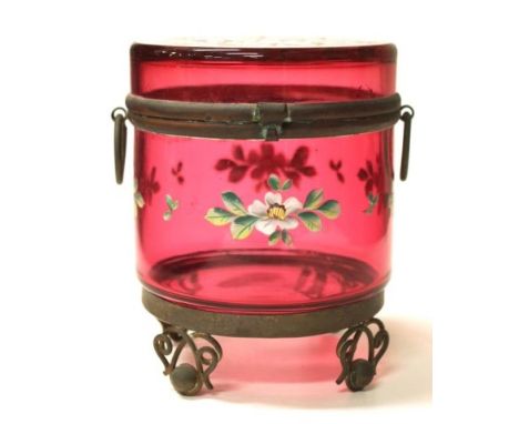 Victorian ruby glass hand painted lidded bowl hand painted floral decoration to lid and bowl, on decorative brass stand, (hei
