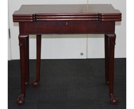 18th century Chippendale mahogany games table with double fold over top supported by a gate leg, 79cm wide, 78cm deep, 73cm h