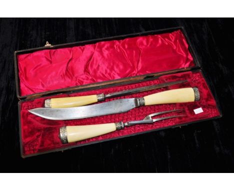 Antique cased 3 piece ivory handled carving set hinge broken, this item cannot be exported