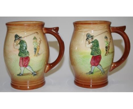 Two Royal Doulton golfing series tankards C1937, no: D5716, decorated in low relief golfer &amp; his caddy, after designs by 