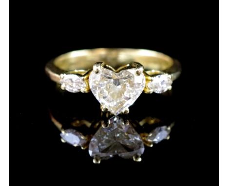 Diamond and 18ct yellow gold ring Approx 1x heart cut. diamond 7.25mm x 6mm x 2.59mm deep and 2x marquise cuts 4mm x 2mm each