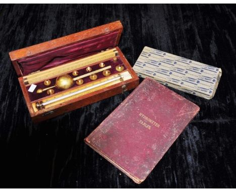 Antique boxed Sikes Hydrometer (hinges a/f), book of tables &amp; a cased Staedtler compass