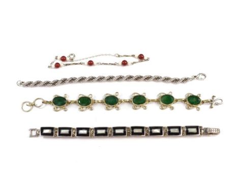 Three silver bracelets and another gem set piece includes a mother pearl and enamel panelled example,a rope chain piece, a pe