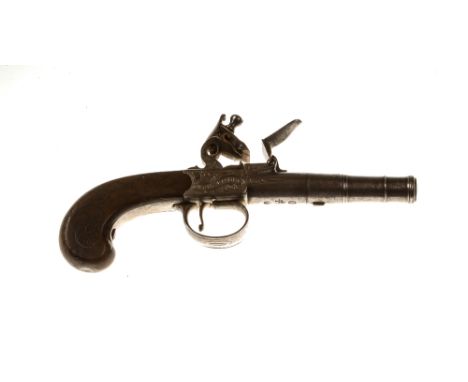 AN 18TH CENTURY FLINTLOCK CANNON BARREL PISTOL, signed 'T Sharp Stratford', foliate decorated to side panels with shaped trig