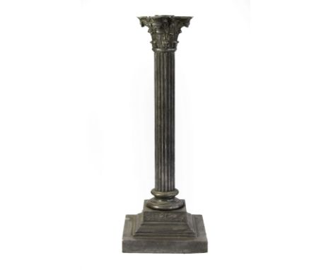 A LATE 19TH CENTURY SILVER PLATED OIL LAMP BASE, the square stepped base supporting a Corinthian column and candle well, thre