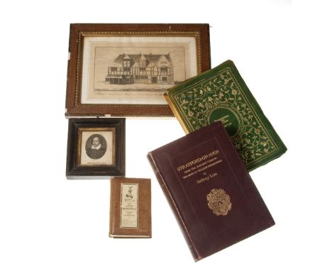 A COLLECTION OF BOOKS AND PRINTS to include 'The Little Shakespeare complete with glossary' with oak cover made from 'Holy Tr