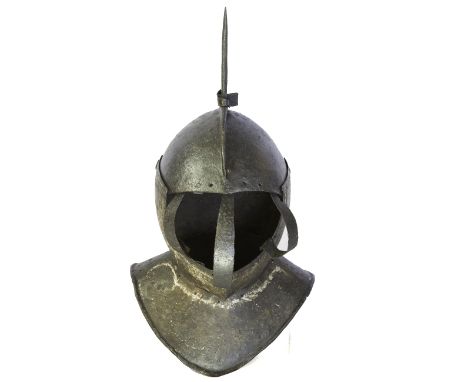 A 16TH CENTURY ENGLISH FUNERARY HELMET, fixed three bar face protector, retaining some original paint work, H 51 cm