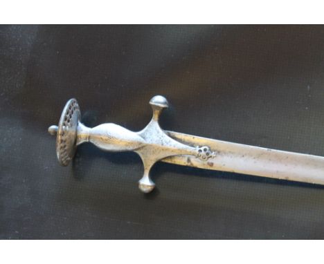 A LATE 18TH/19TH CENTURY TULWAR SWORD, worn markings to hilt with perforated detail to disc pommel, plain curved blade, minus