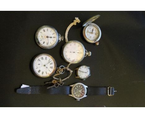 A SMALL COLLECTION OF WATCHES to include a 'WWW' issue Timor wristwatch, a silver key wind open faced pocket watch and a mili