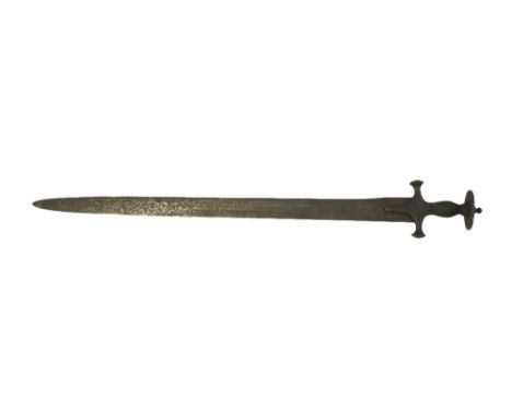 A LATE 18TH/19TH CENTURY INDIAN TULWAR SWORD, the straight three fullered blade with disc pommel hilt, maker's mark present, 
