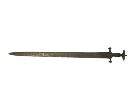 A LATE 18TH/19TH CENTURY INDIAN TULWAR SWORD, the straight three fullered blade with disc pommel hilt, maker's mark present, 