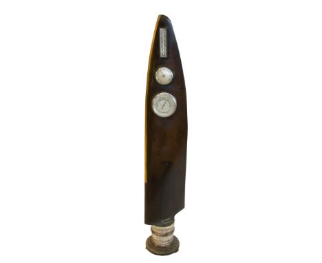 A SINGLE SPITFIRE PROPELLER BLADE WITH INSET CLOCK, BAROMETER AND THERMOMETER, mounted upright on a circular mahogany base, s