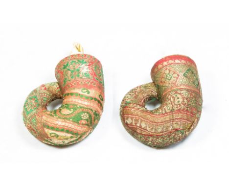 TWO EASTERN STYLE POWDER HORNS, with fabric covering, in green, red and silver bullion thread, the stoppers in carved bone, i