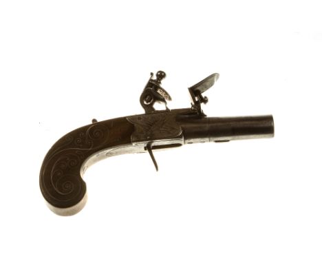 AN 18TH CENTURY POCKET PISTOL, signed 'Walls', with folding trigger, side panels engraved with Trophy of Arms with Union Jack