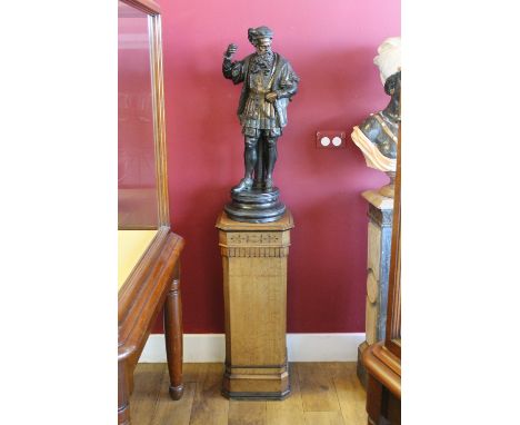 A LARGE 19TH CENTURY TERRACOTTA STYLE FIGURE OF LEONARDO DA VINCI WITH FLOOR STANDING OAK PLINTH, fine detailed casting, depi