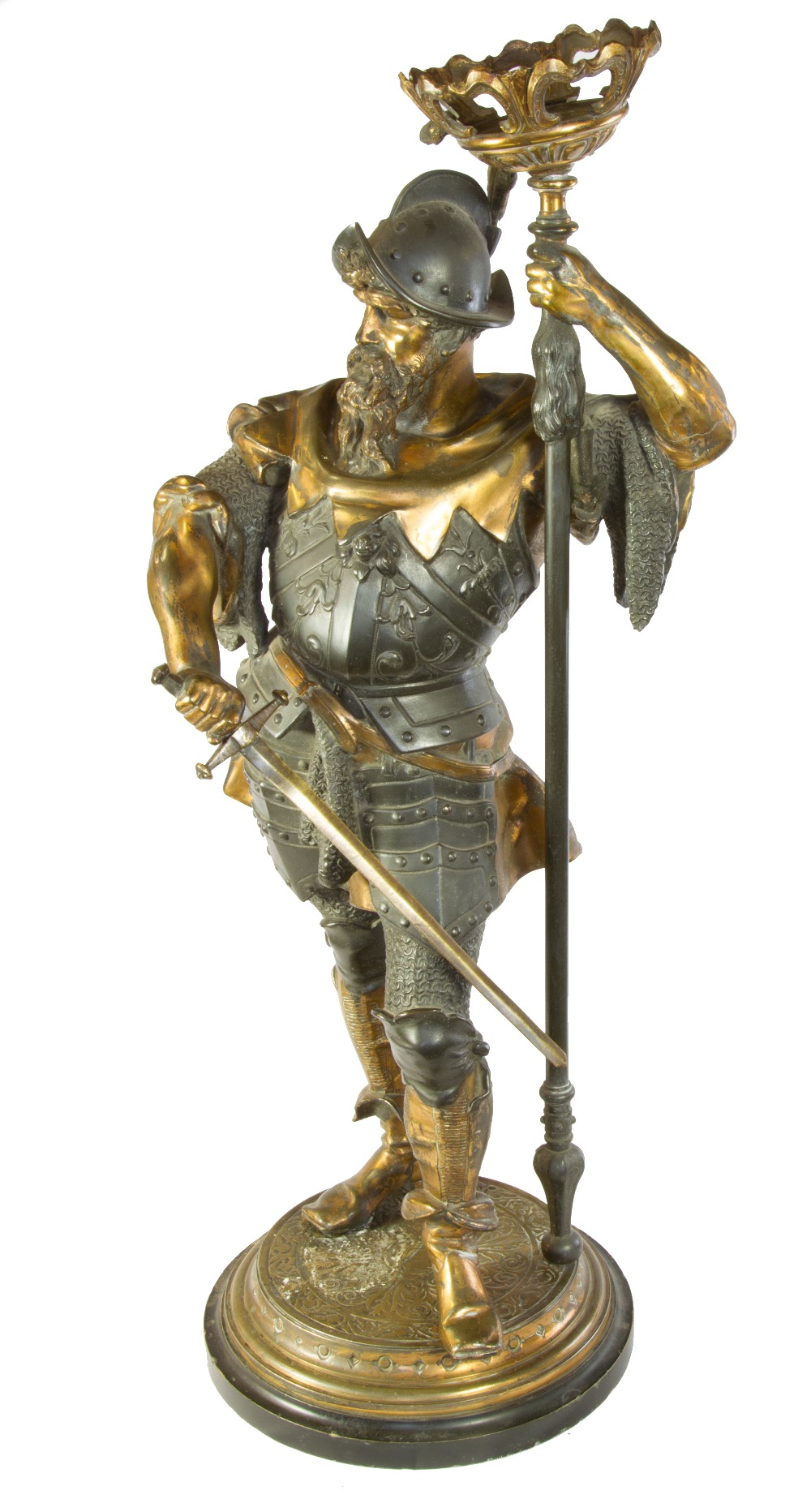 A 19TH CENTURY BRONZE FIGURE OF A SPANISH CONQUISTADOR WITH CONFORMING ...