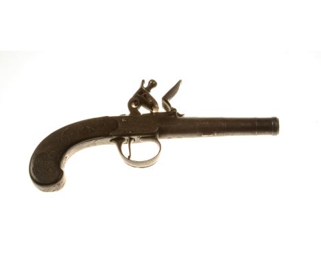 AN 18TH CENTURY FLINTLOCK CANNON BARREL PISTOL, signed 'T Sharp Stratford', engraved decoration to side panels, with shaped t