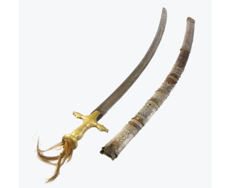 AN EARLY 19TH CENTURY TULWAR SWORD, brass decorative hilt with animal hair inset to pommel, plain curved blade with large cen