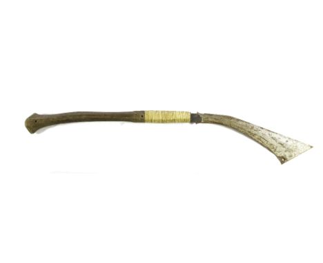 AN ORIENTAL BLADED AXE, the 40 cm blade held on a 51 cm wooden shaft with rattan bound grip