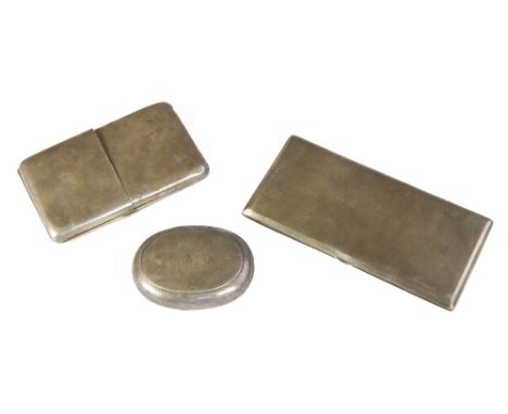 TWO HALLMARKED SILVER CIGARETTE CASES, one with an unusual double flap front, London 1902, W 13.5 cm, and a silver squeeze ty