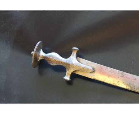 A 19TH CENTURY TULWAR SWORD, with disc pommel and plain hilt, the plain curved blade marked with British maker 'Mole of Birmi