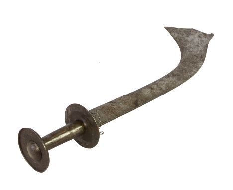 A LATE 18TH/19TH CENTURY NEPALESE KORA SWORD, disc hand guard and pommel, curved spade ended blade, minus scabbard, blade len