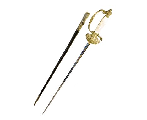 AN 18TH CENTURY EUROPEAN SMALL COURT SWORD, the highly decorated hilt with coat of arms to the cross guard, mother of pearl r