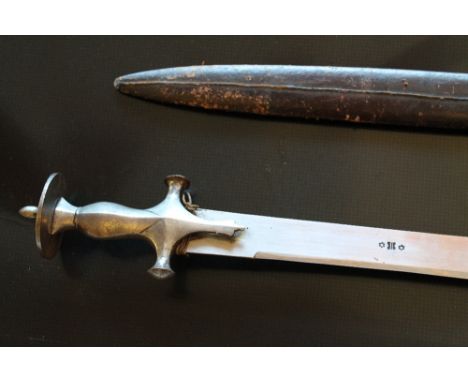 A 19TH CENTURY STRAIGHT BLADED TUDOR SWORD, plain hilt with disc pommel, clean sharp edged blade with maker's mark, together 