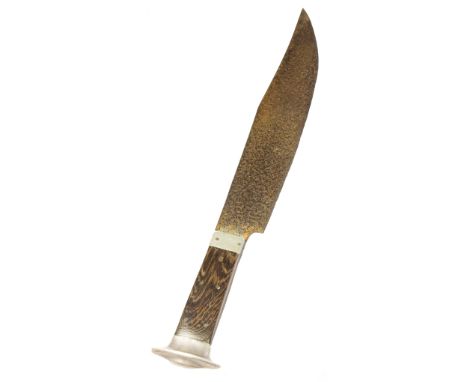 A 19TH CENTURY AMERICAN BOWIE KNIFE, with clipped blade, possibly American Civil War, palm wood slab grips with ornate silver