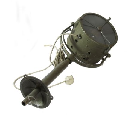 A WWII GREEN PAINTED SEARCH LIGHT WITH 90 CM LENS, brass plaque to side reading 'Projector A. A. 90 cm MK6, M. V. No B339 193