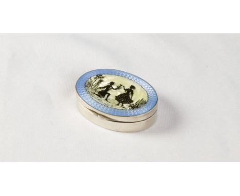 A SMALL OVAL CONTINENTAL WHITE METAL PATCH BOX, the interior gilt with two lidded compartments and a mirror to the lid interi
