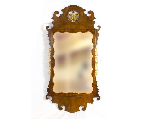 A PAIR OF 19TH CENTURY MAHOGANY CHIPPENDALE STYLE FRET CARVED WALL MIRRORS, the pediment with gilt cut out detail, H 94 cm  (