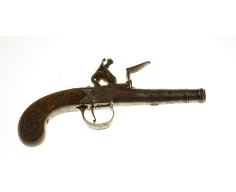 AN 18TH CENTURY FLINTLOCK CANNON BARREL PISTOL, signed 'T Sharp Stratford', engraved decoration to side panels, with shaped t