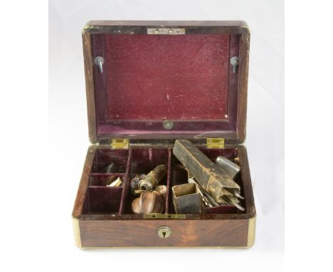 A SMALL BRASS BOUND ROSEWOOD BOX CONTAINING A COLLECTION OF CURIOS, to include carved figures, steel scissors and two silver 