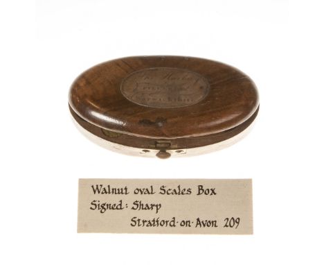 A SET OF WALNUT CASED SCALES, signed 'Sharp', silver plaque to lid reading 'Tho. Harlioge, Pillerton, Warwickshire', L 9 cm