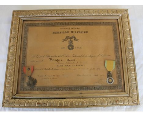 Framed certificate of MEDAILLE MILITAIRE. Awarded to Marcel Hougue in 1949 together with the Croix de Guerre and the Military