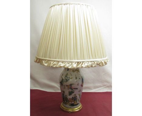 Decalomania style two light table lamp, chinoiserie decorated baluster body with gilt wood base and fringed shade, H59cm 