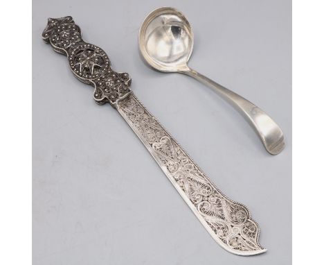 20th century Maltese filigree silver letter opener, handle features the Maltese cross, L21cm, Edwardian silver caddy spoon, S
