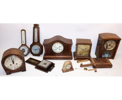Early C20th inlaid mahogany mantel clock, signed enamel Roman, signed French two train movement striking on a gong H25cm, two