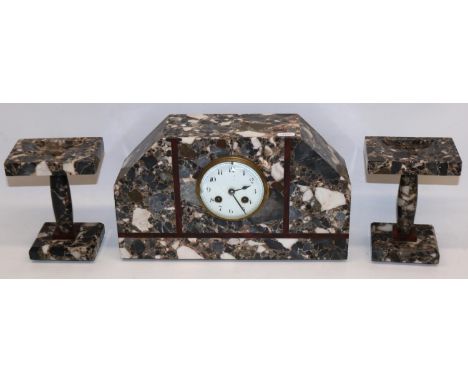 Japy Freres et Cie, Art Deco marble three piece clock garniture, white enamel Arabic dial, two train count wheel striking on 