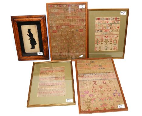 Four C19th needlework alphabet samplers, max. 43x28cm externally, and a reverse painted full length silhouette portrait on gl