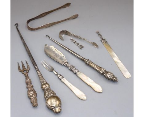 Victorian silver and mother of pearl handle fish knife and fork, Birmingham, 1861, Hilliard &amp; Thomason, other silver piec