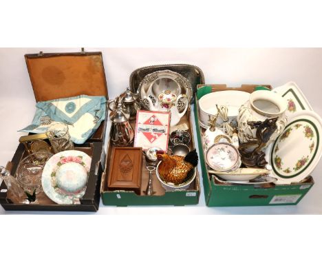 Royal Albert Moss Rose telephone; silver plated tray and other metalware; dominoes set in oak case; two Old Country Roses Clo