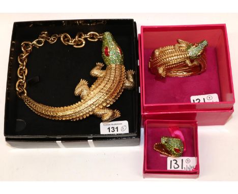 Suite of Butler and Wilson crocodile/alligator design coloured crystal jewellery, comprising a hinged bangle, statement neckl