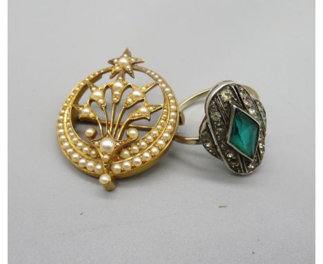 Yellow metal Edwardian style brooch set with seed pearls, 6.00g, 9ct yellow gold ring set with clear and green stones, stampe