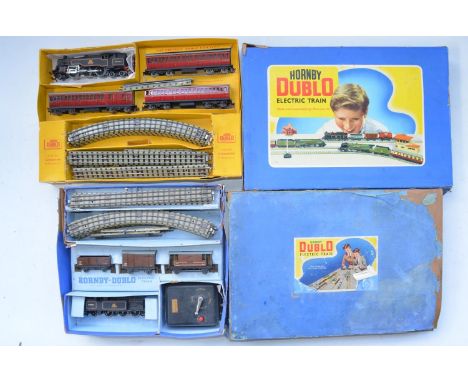 Two Hornby Dublo British Rail electric train sets, EDP14 2-6-4 tank engine passenger train with 3 coaches, track etc and anot